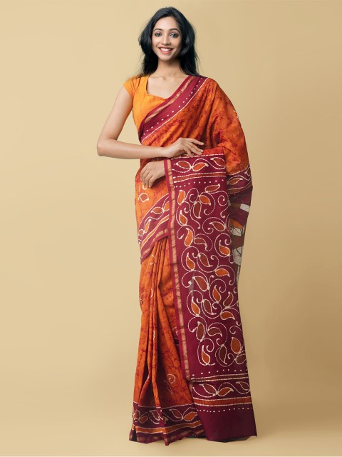 

Unnati Silks Orange & Maroon Batik Zari Silk Cotton Block Print Saree
