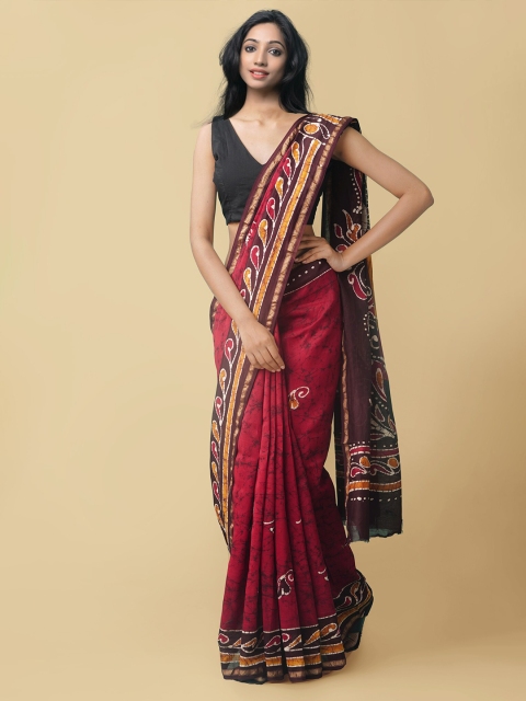 

Unnati Silks Red & Brown Batik Zari Printed Silk Cotton Block Print Saree