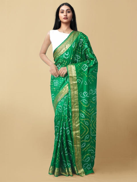 

Unnati Silks Green & White Zari Pure Silk Bandhani Saree
