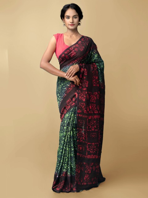 

Unnati Silks Green & Back Batik Printed Saree