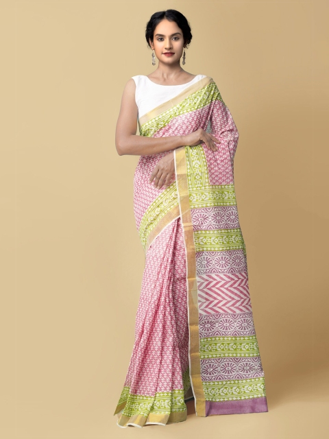 

Unnati Silks Red & Green Floral Zari Pure Cotton Kasavu Saree