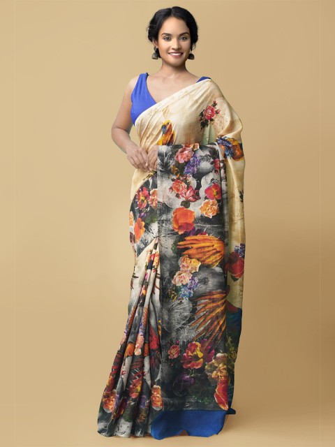 

Unnati Silks Brown & Maroon Floral Silk Blend Block Print Saree