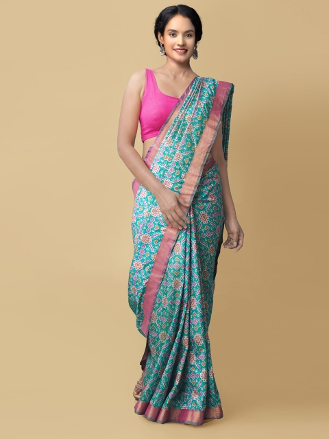 Unnati Silks Green & Pink Floral Zari Silk Blend Patola Saree