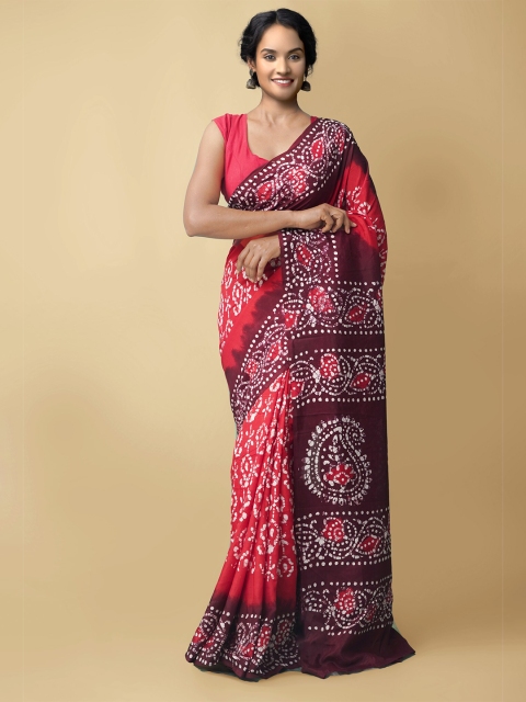 

Unnati Silks Red & Maroon Batik Silk Blend Block Print Saree