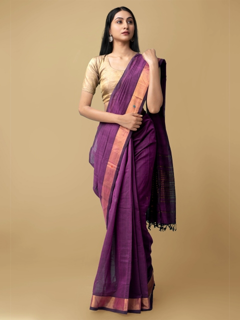 

Unnati Silks Purple & Gold-Coloured Ethnic Motifs Zari Silk Cotton Uppada Saree