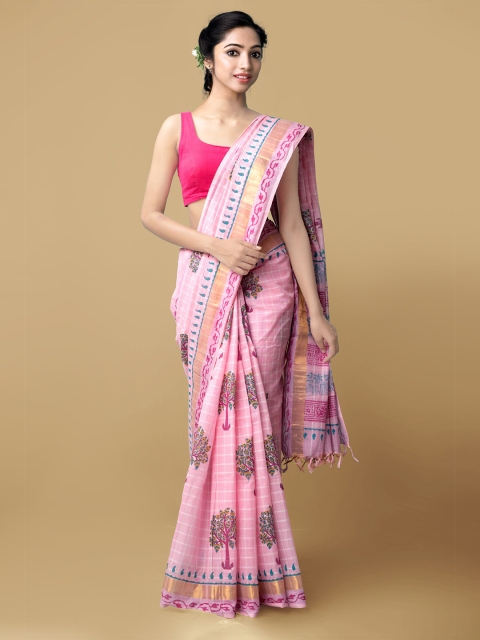 

Unnati Silks Pink & Blue Floral Printed Pure Cotton Mangalagiri Saree