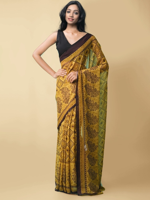 

Unnati Silks Yellow & Brown Ethnic Motifs Block Print Saree