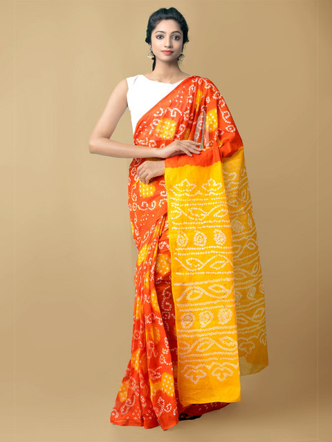 

Unnati Silks Orange & Yellow Bandhani Pure Cotton Bandhani Saree