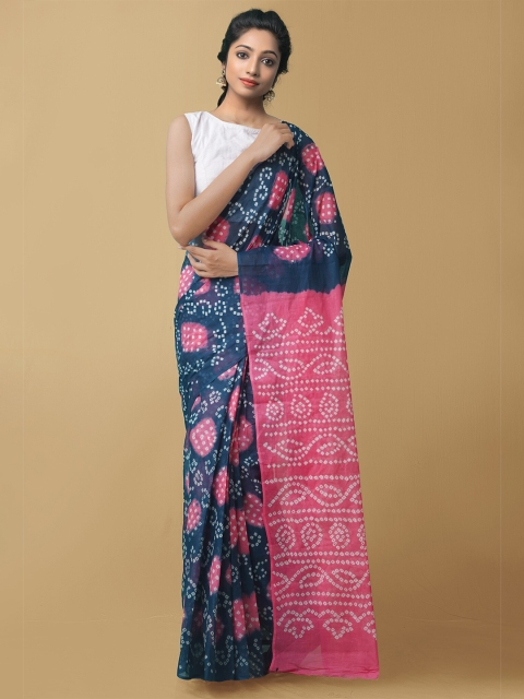

Unnati Silks Blue & Pink Bandhani Printed Pure Cotton Saree