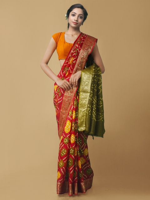

Unnati Silks Red & Green Bandhani Zari Silk Cotton Bandhani Saree