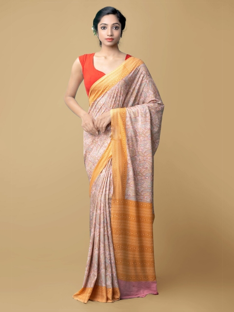 

Unnati Silks Pink & Yellow Ethnic Motifs Silk Blend Block Print Saree