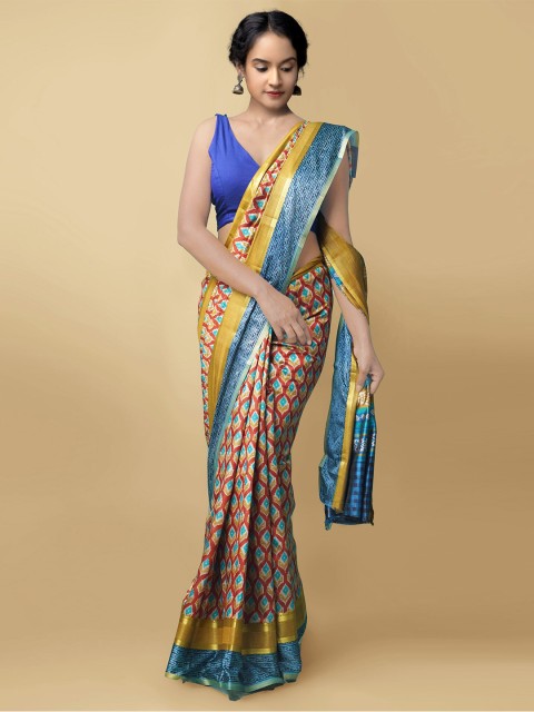 

Unnati Silks Orange & Blue Silk Blend Patola Saree