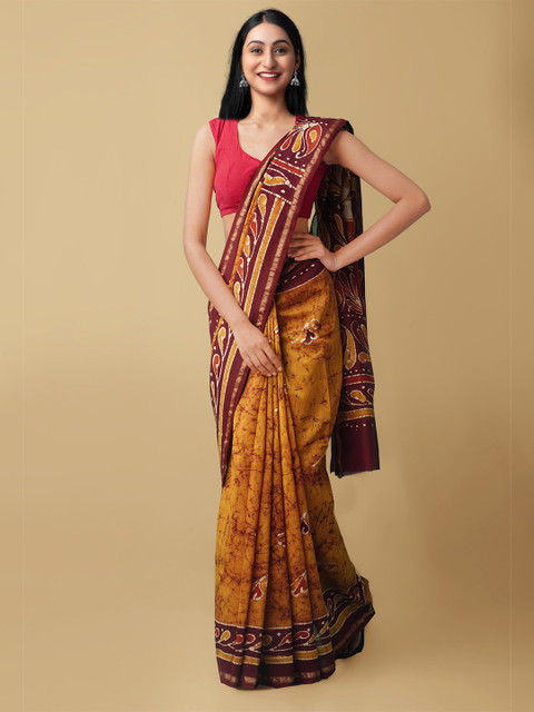

Unnati Silks Orange & Purple Batik Zari Silk Cotton Block Print Saree