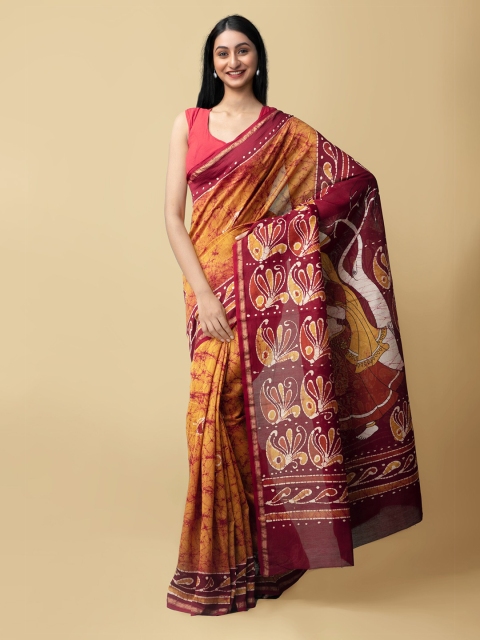 

Unnati Silks Orange & Maroon Batik Zari Silk Cotton Block Print Saree