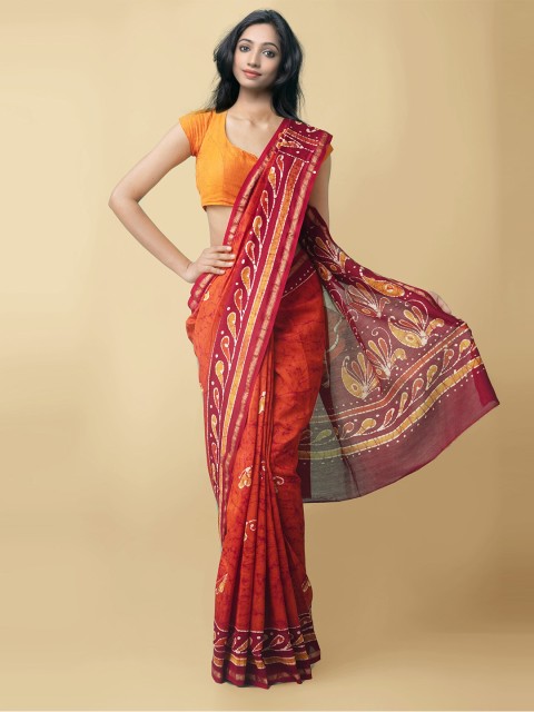 

Unnati Silks Orange & Yellow Batik Zari Silk Cotton Block Print Saree