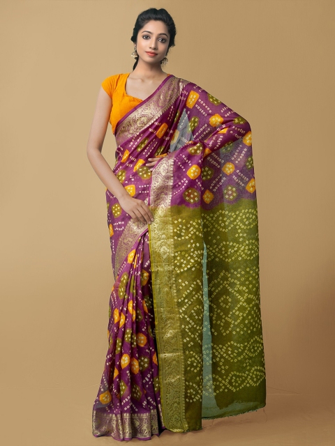 

Unnati Silks Pink & Green Bandhani Zari Art Silk Block Print Saree