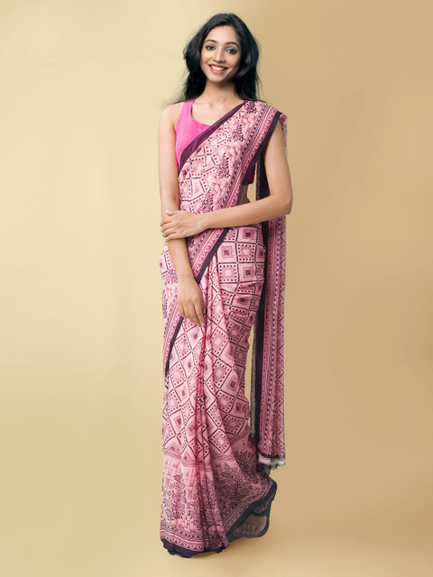 

Unnati Silks Pink Floral Block Print Saree