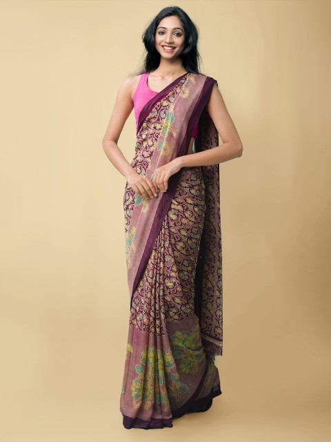 

Unnati Silks Purple & Green Floral Printed Block Print Saree