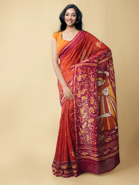

Unnati Silks Orange & Maroon Batik Printed Zari Silk Cotton Block Print Saree