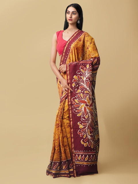 

Unnati Silks Orange & Maroon Batik Zari Silk Cotton Block Print Saree