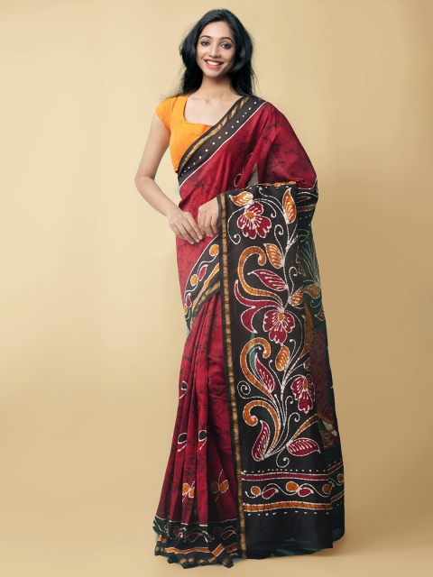 

Unnati Silks Red & Black Batik Zari Silk Cotton Saree