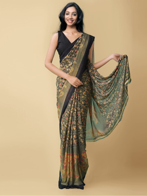 

Unnati Silks Black & Green Floral Block Print Saree