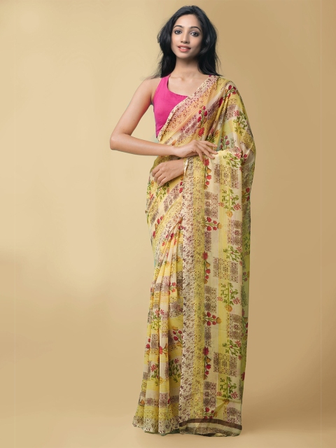 

Unnati Silks Yellow & Red Floral Printed Block Print Saree