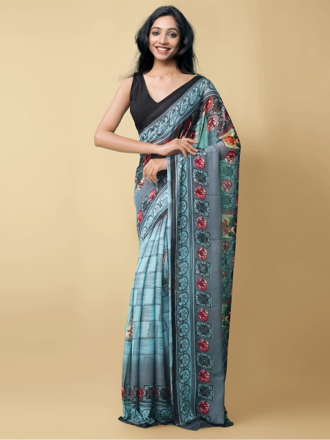 Unnati Silks Blue & Red Floral Block Print Saree