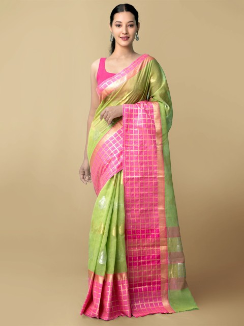 

Unnati Silks Green & Pink Ethnic Motifs Zari Silk Cotton Kota Banarasi Saree
