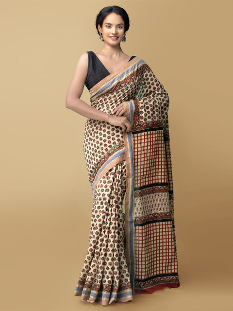 

Unnati Silks Brown & Beige Dabu Zari Pure Cotton Dabu Saree