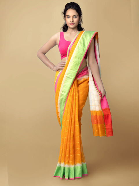 

Unnati Silks Orange & Green Checked Pure Cotton Kota Saree