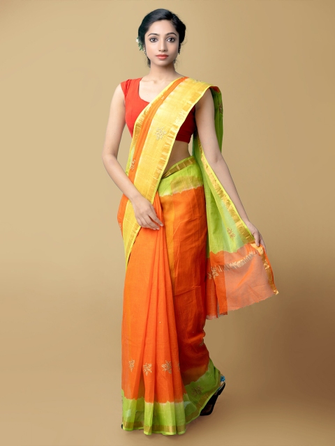 

Unnati Silks Orange & Green Floral Zari Pure Cotton Kota Saree
