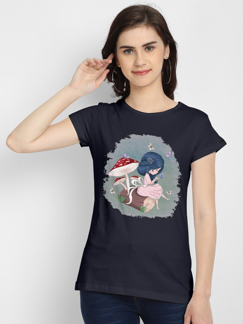 

THREADCURRY Women Navy Blue Printed Applique T-shirt