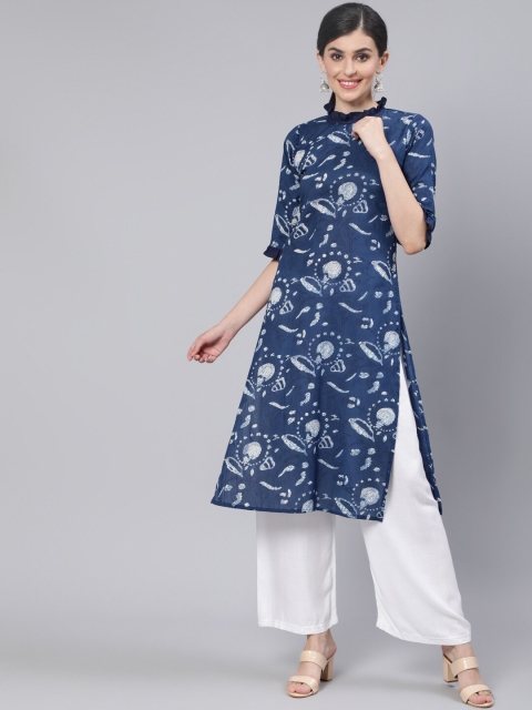 

AASI - HOUSE OF NAYO Women Blue Printed Ruffled Kurta