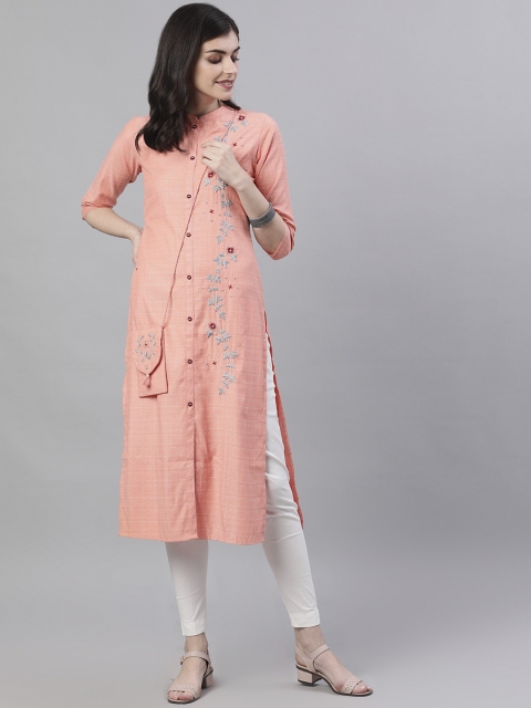 

AASI - HOUSE OF NAYO Women Peach-Coloured Floral Embroidered Thread Work Kurta