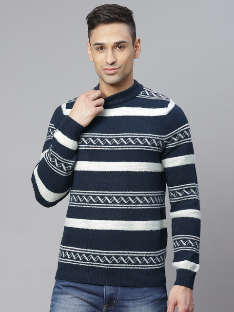 

Marks & Spencer Men Navy Blue & White Striped & Geometric Patterned Pullover