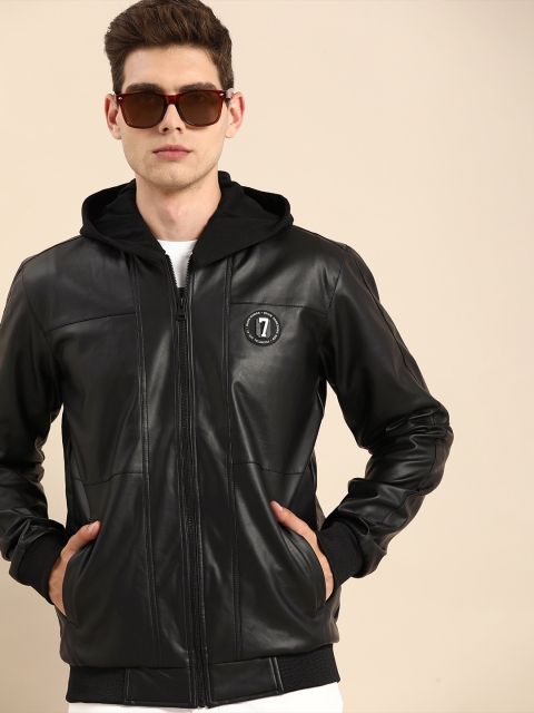 

Being Human Men Black Solid Lightweight Leather Jacket With Detachable Hood