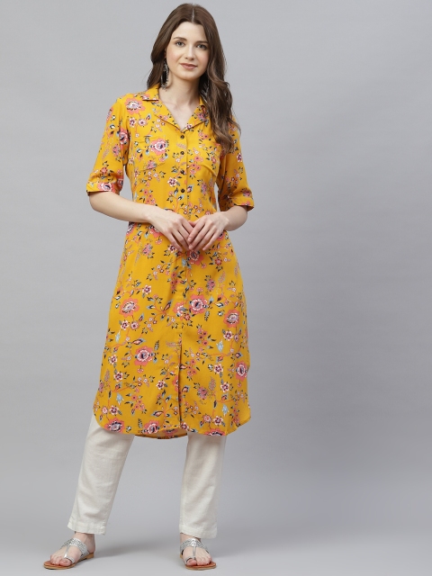 

Ayaany Women Mustard Yellow Floral A-Line Kurta
