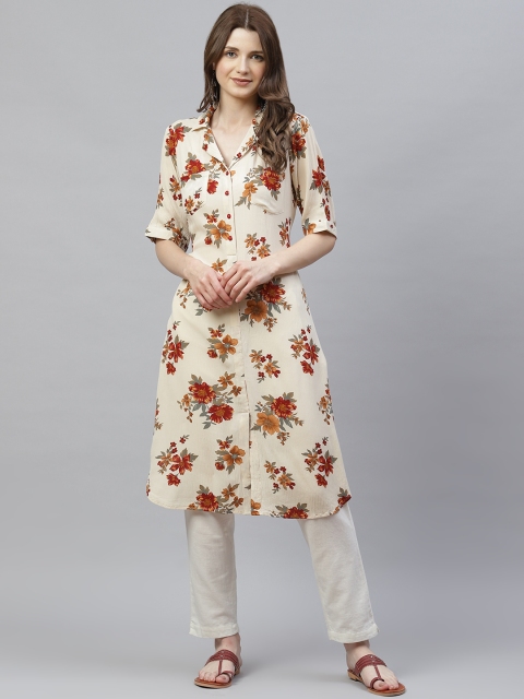 

Ayaany Women Peach-Coloured & Red Floral Printed A-Line Kurta