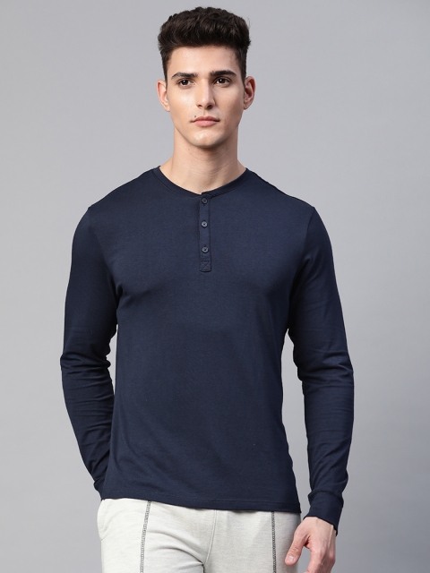 

Marks & Spencer Men Navy Blue Solid Henley Neck Lounge T-shirt