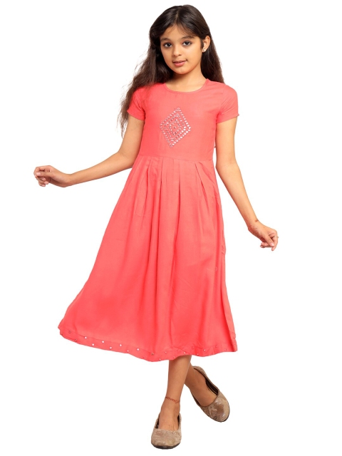 

Ishin Peach-Coloured Embellished Embroidered Midi Fit & Flare Dress With Waist Coat