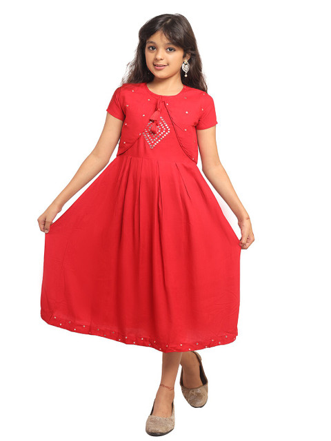 

Ishin Girls Red Embroidered Midi Dress