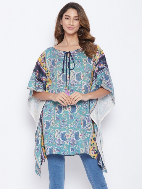 

The Kaftan Company Woman Blue Tie-Up Neck Kaftan Cotton Longline Top