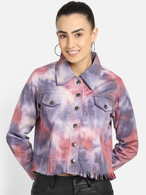 

emeros Women Purple Tie & Dye Frill Denim Jacket