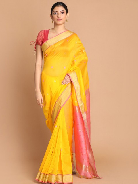 

Indethnic Yellow & Pink Woven Design Zari Silk Cotton Maheshwari Saree