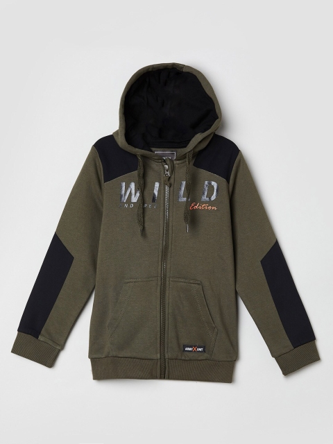 

max Boys Olive Green Colourblocked Hooded Sweatshirt