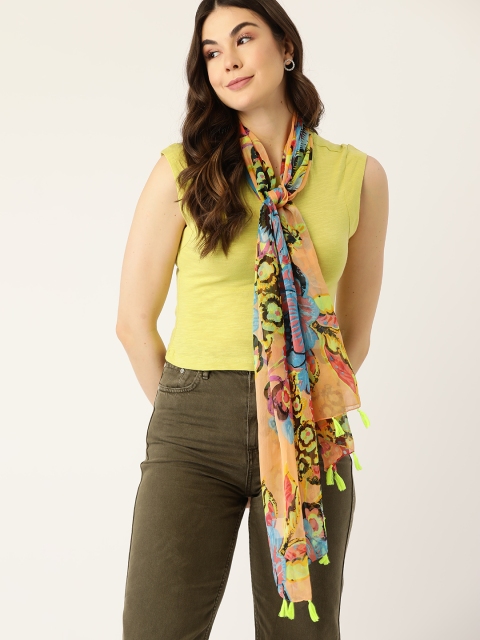 

DressBerry Women Peach & Blue Floral Printed Stole with Tassels