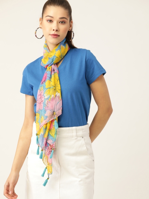 

DressBerry Women Blue & Yellow Printed Scarf With Tasseled Border