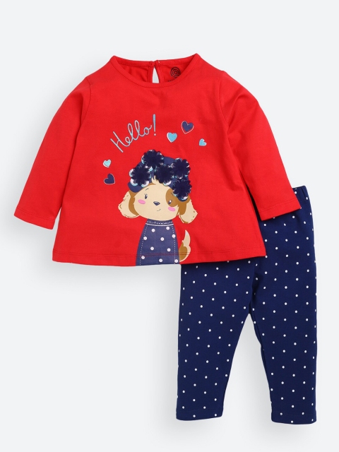 

TAMBOURINE Girls Red & Navy Blue Printed Pure Cotton Top with Pyjamas