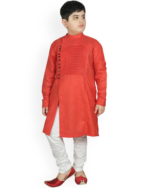 

SG YUVRAJ Boys Orange & White Pleated Kurta with Pure Cotton Pyjamas